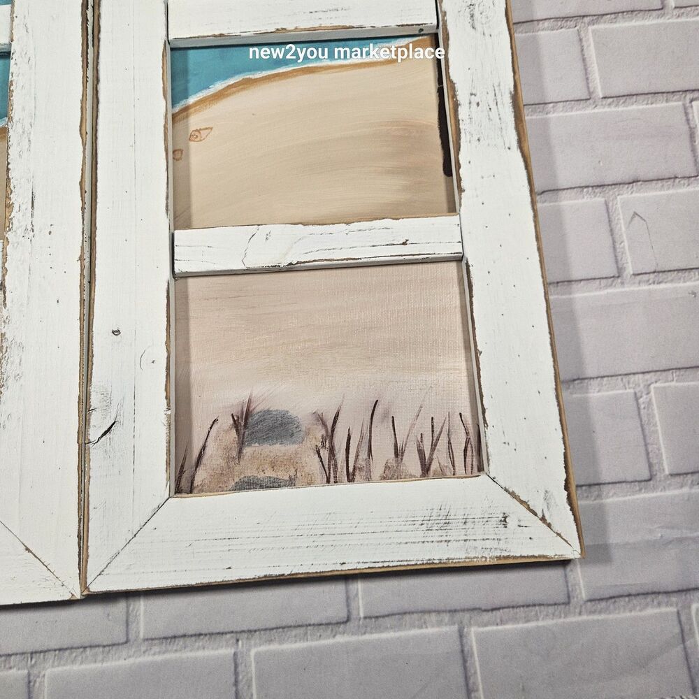 hand painted /made distressed wood frame beach scene canvas duo painting artwork - Picture 5 of 13